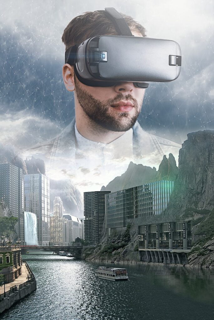 Hombre con gafas de realidad virtual sobre una ciudad