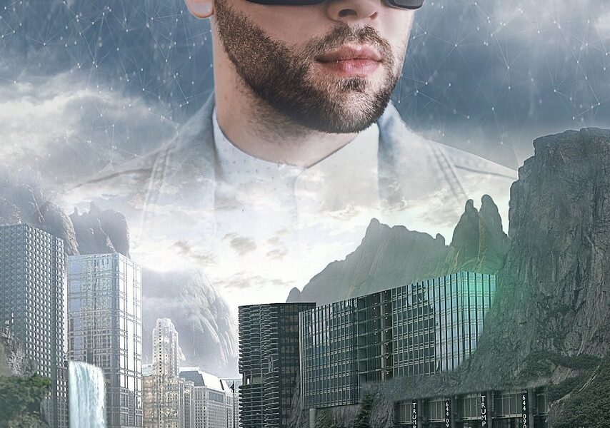 Hombre con gafas de realidad virtual sobre una ciudad