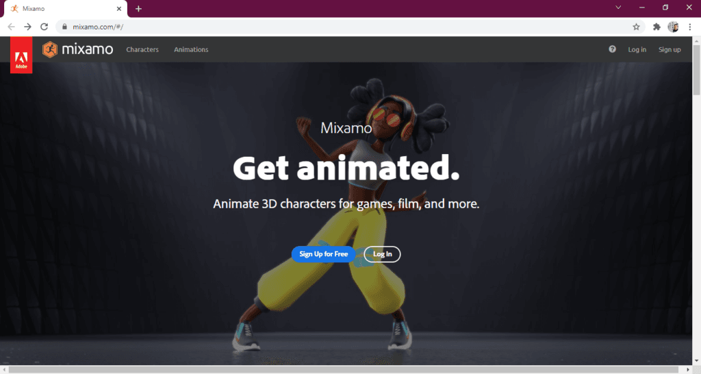 Página de inicio de mixamo.com