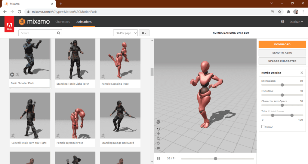 Selección de animación. Mixamo