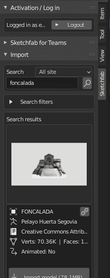 Búsqueda de modelos en el plugin sketchfab en Blender