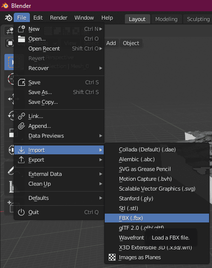 Menú Archivo-Importar-FBX Blender