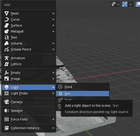 Menú para añadir sol en Blender