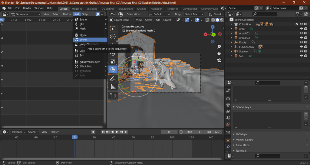 Selección del menú añadir sonido de la secuencia de video en Blender