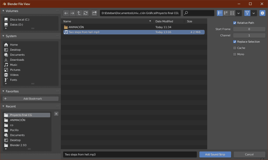 Selección de audio para la escena en Blender