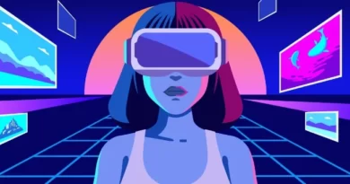 mujer con gafas de realidad virtual e imagines a los costados simulando el metaverso