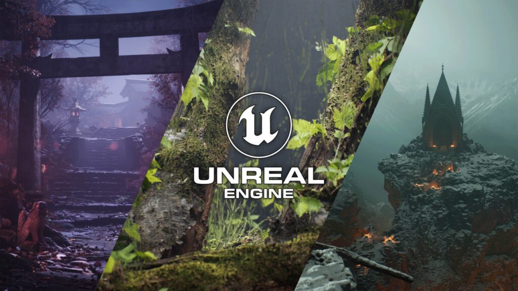 Logo de Unreal Engine con fondo de varios videojuegos