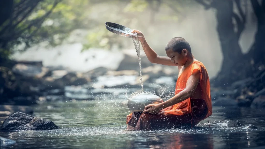 Conexión de niño budista con la naturaleza y la física 