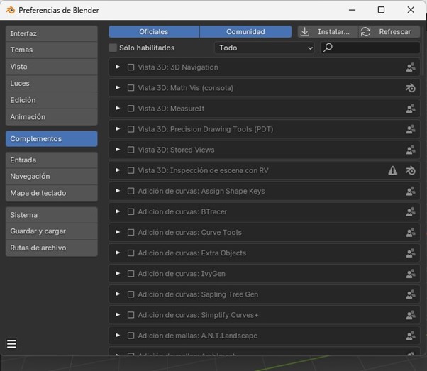 Agregar el plugin descargado dentro de los complementos de Blender 