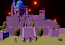 Escena de animación 3D de un reino de guerreros preparándose para la batalla, creada con Blender y Mixamo