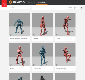 Animaciones por defecto en mixamo. 