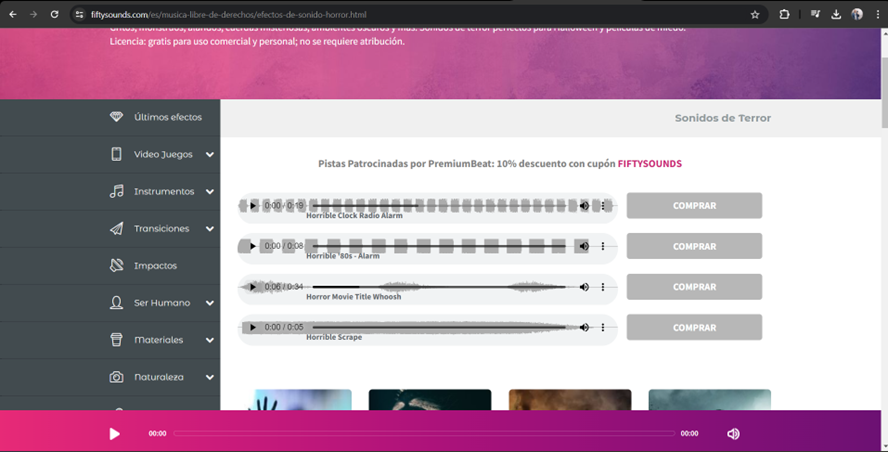 Pagina principal de fiftysounds, para descargar muscia o sonidos, para nuestras animaciones dentro de la escena