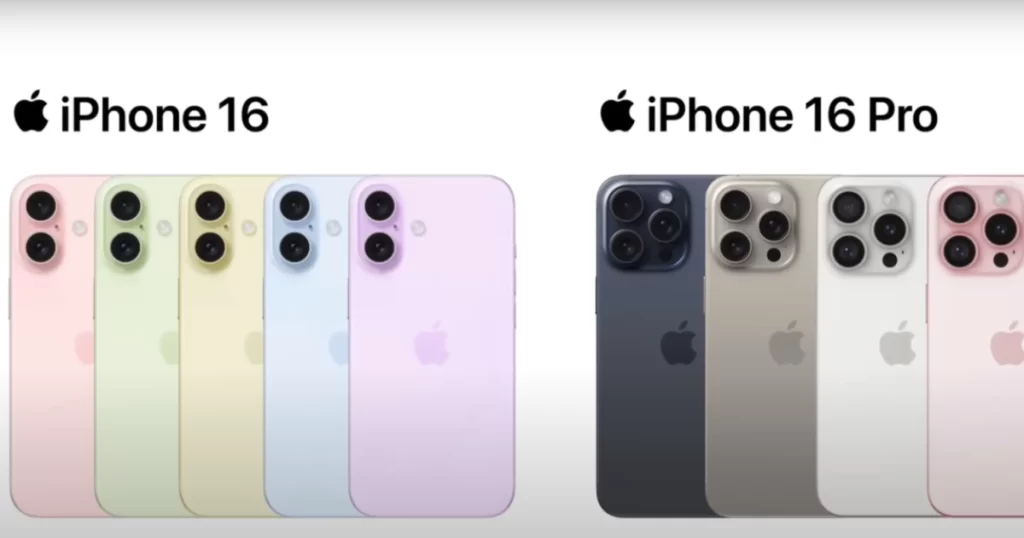 Imagen que muestra los iphone 16 y iphone 16 Pro en sus diferentes colores 