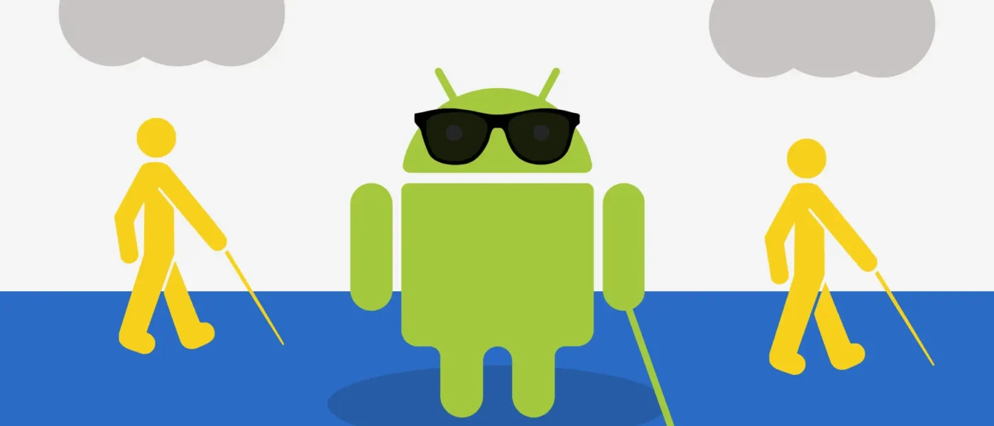 Logo de Android con gafas de sol y un bastón blanco, simulando ser una persona con discapacidad visual. A su lado, dos figuras humanas amarillas también llevan bastones.