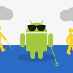 Logo de Android con gafas de sol y un bastón blanco, simulando ser una persona con discapacidad visual. A su lado, dos figuras humanas amarillas también llevan bastones.