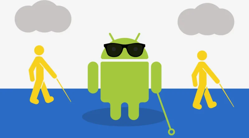 Logo de Android con gafas de sol y un bastón blanco, simulando ser una persona con discapacidad visual. A su lado, dos figuras humanas amarillas también llevan bastones.