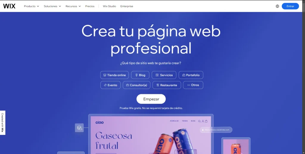 Inicio de la pagina de wix