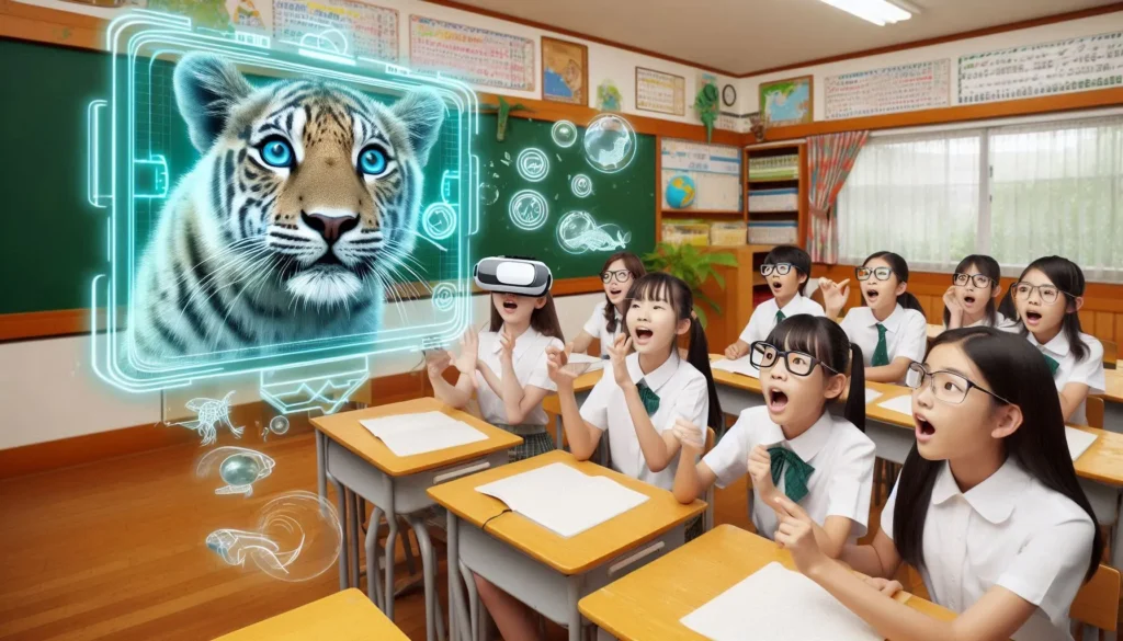 Imagen creada por IA en microsoft designer, grupo de estudiantes asombrados visualizando un tigre en AR