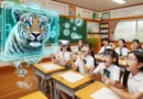 Imagen creada por IA en microsoft designer, grupo de estudiantes asombrados visualizando un tigre en AR