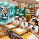 Imagen creada por IA en microsoft designer, grupo de estudiantes asombrados visualizando un tigre en AR