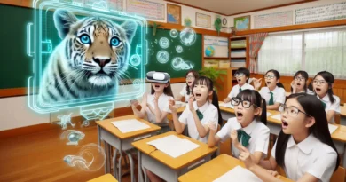 Imagen creada por IA en microsoft designer, grupo de estudiantes asombrados visualizando un tigre en AR