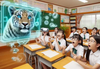 Imagen creada por IA en microsoft designer, grupo de estudiantes asombrados visualizando un tigre en AR