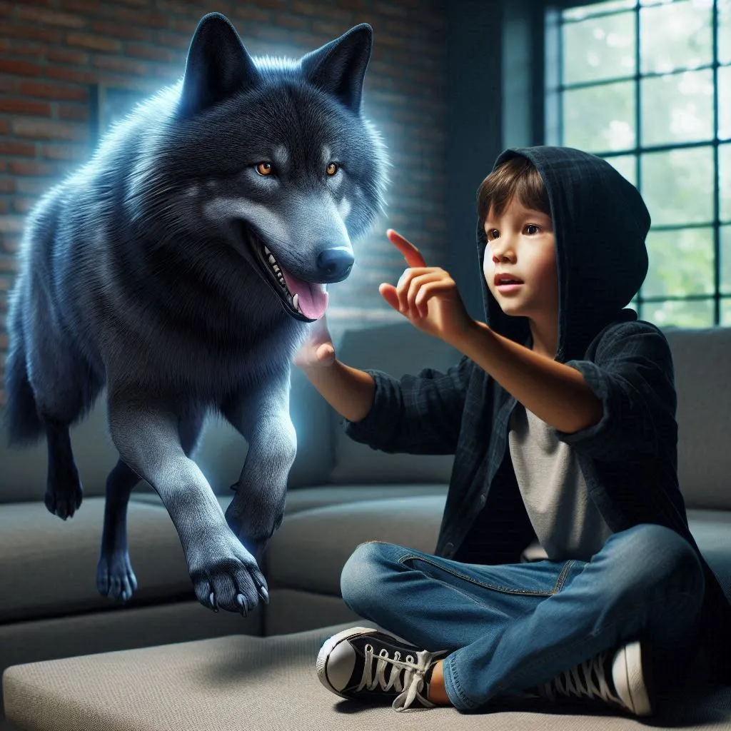 niño realista interactuando con un lobo creado por realidad aumentada, microsoft designer