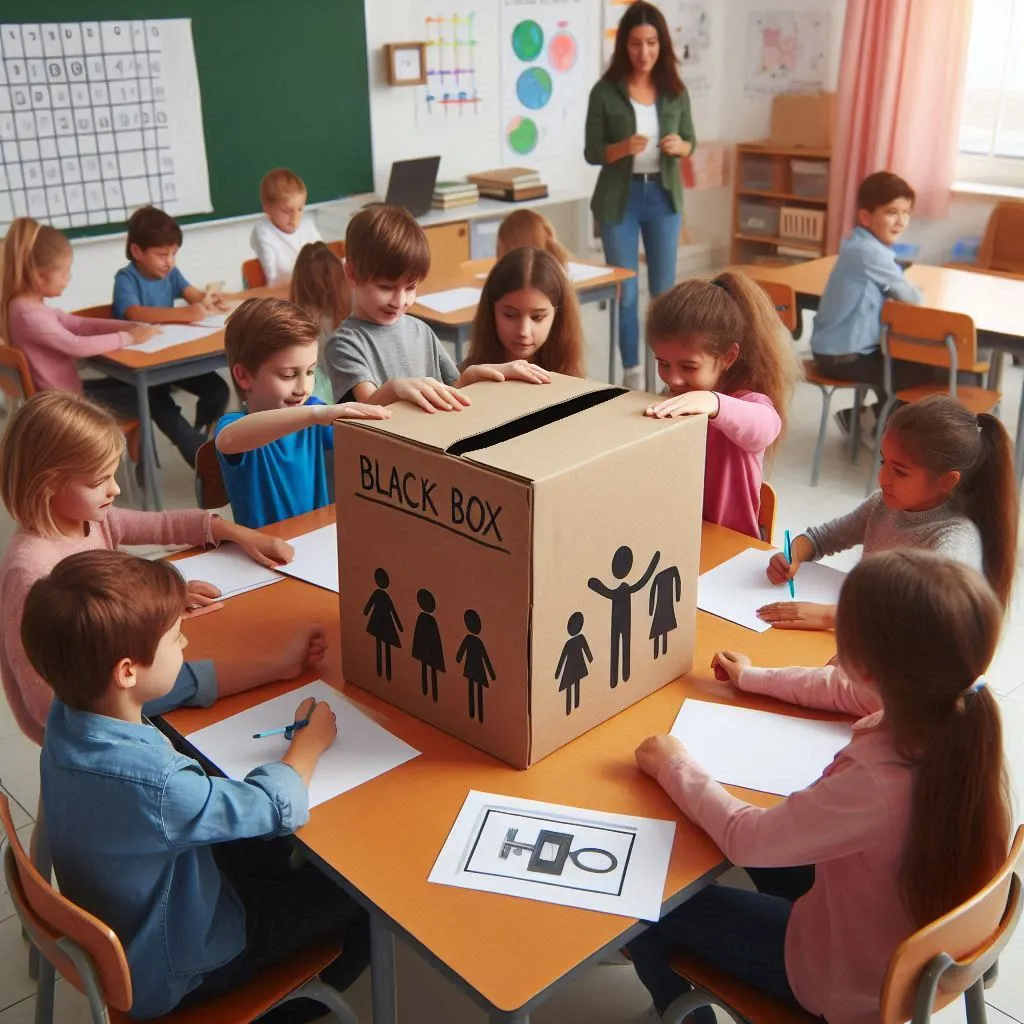 Niños en el aula distribuidos en grupos de trabajo realizando actividad caja negra, microsoft designer, herramientas educativas