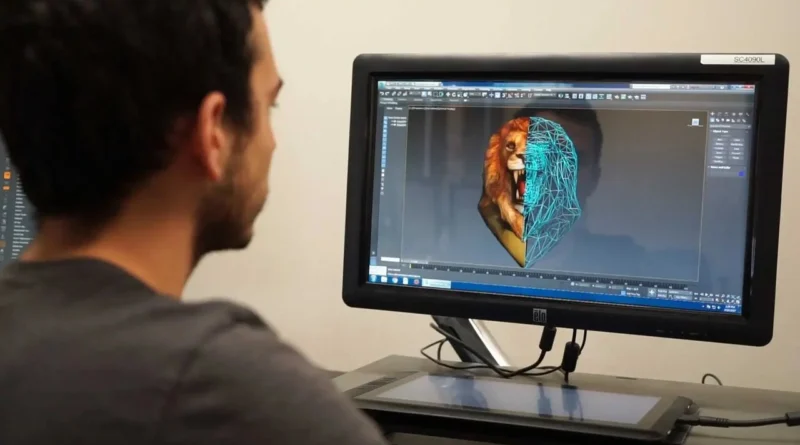 Hombre modelando un león en 3D