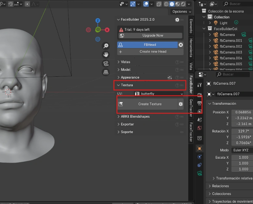 rostro 3D Blender FaceBuilder modelado