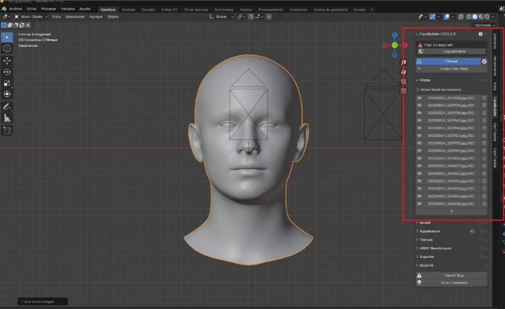 rostro 3D Blender FaceBuilder modelado