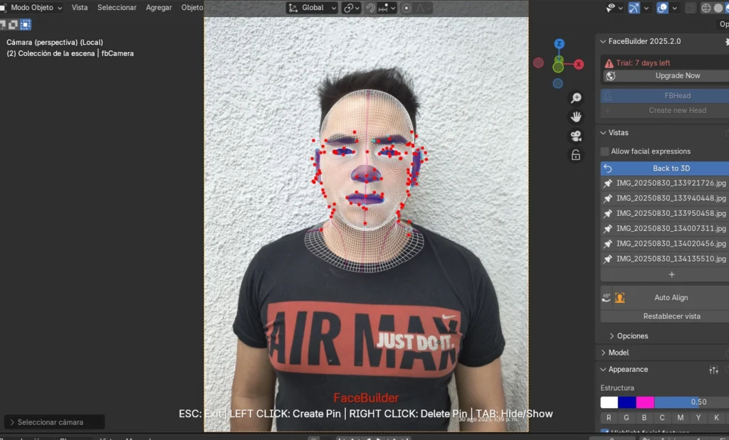 rostro 3D Blender FaceBuilder modelado