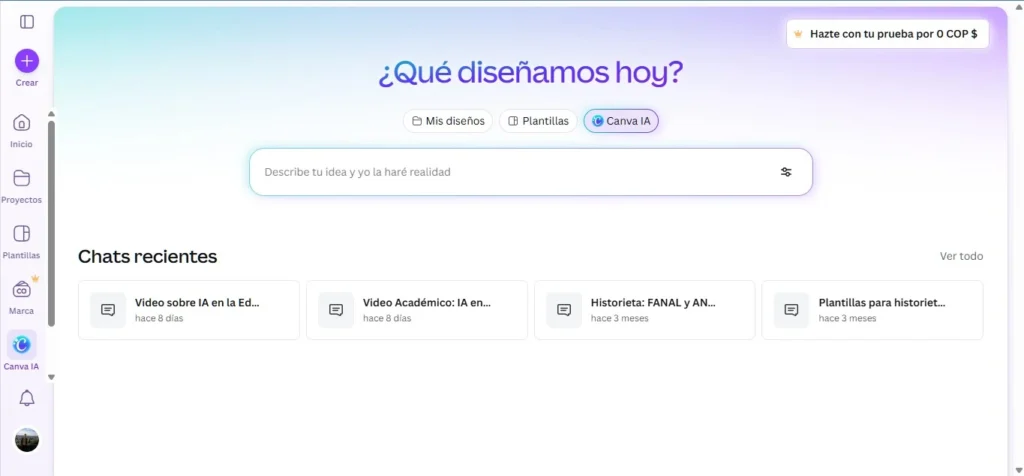Menú de la pagina inicial de Canva