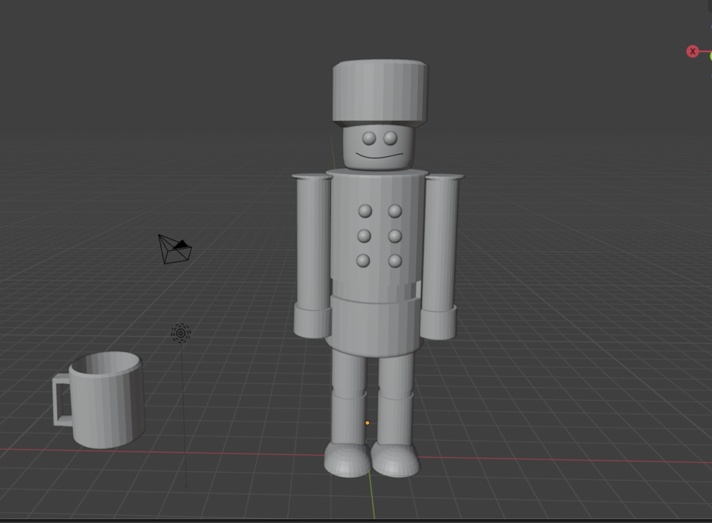 Modelo 3D de un soldado cascanueces diseñado en Blender con modelado poligonal y formas geométricas básicas.