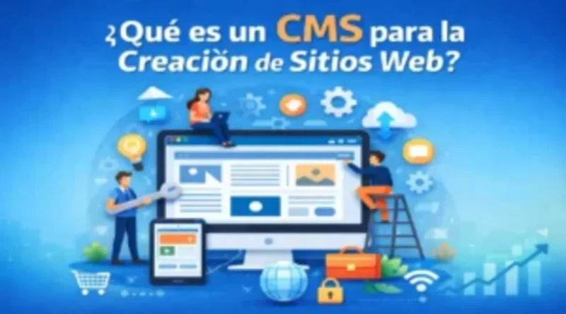 La portada muestra un monitor con un CMS en uso, personas gestionando el sitio y íconos tecnológicos alrededor, representando la creación y administración de páginas web de forma sencilla.