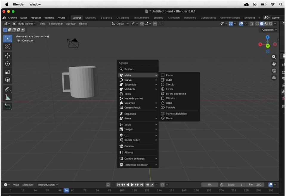 Inserción de un cilindro base en Blender para iniciar el modelado del cascanueces.