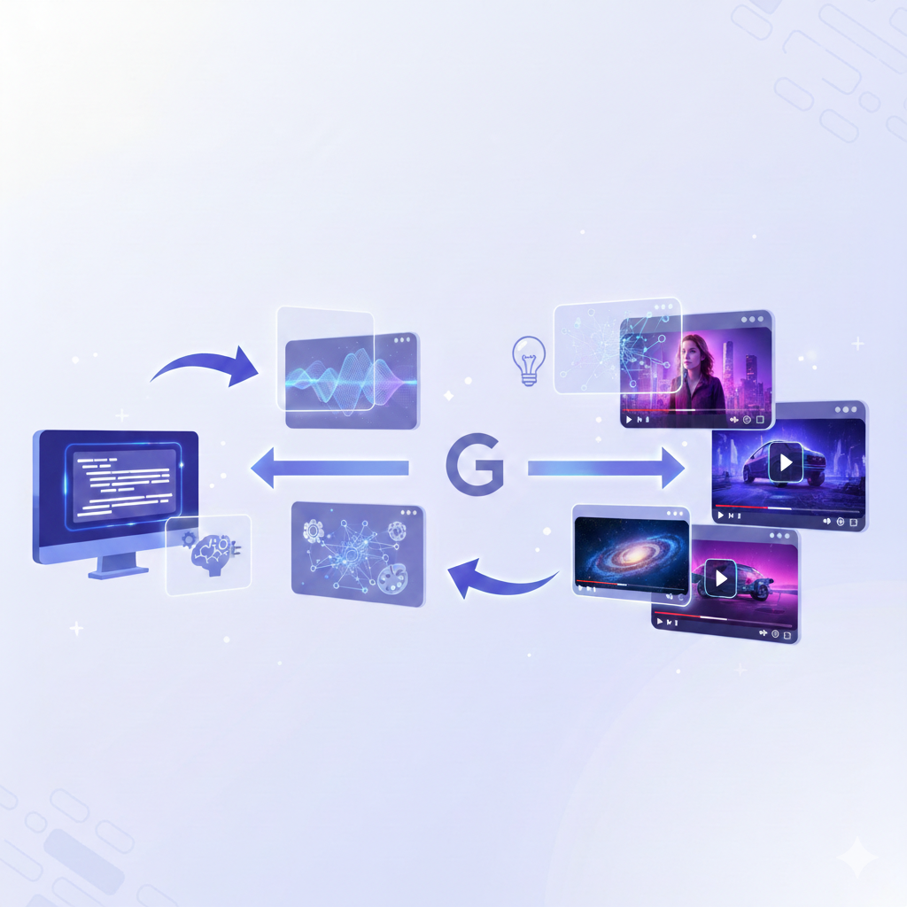 Infografía digital que muestra el flujo de trabajo de Google Gemini, conectando código de computadora con la generación de diversos clips de video en un entorno de nube.