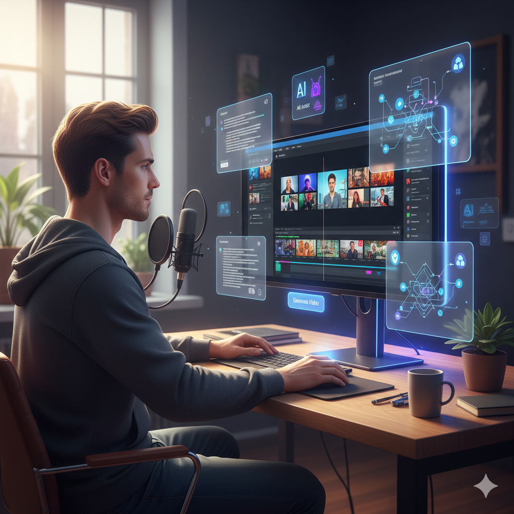 Joven creador de contenido trabajando en un escritorio con un micrófono profesional, frente a un monitor que muestra una interfaz avanzada de generación de video por inteligencia artificial con múltiples clips y ventanas flotantes.