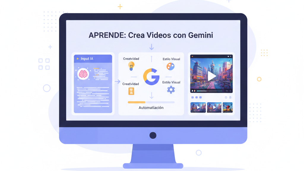 Monitor de computadora que muestra una guía de aprendizaje titulada "APRENDE: Crea Videos con Gemini", ilustrando el flujo desde el input de IA, pasando por la creatividad y el estilo visual, hasta la automatización del video final.