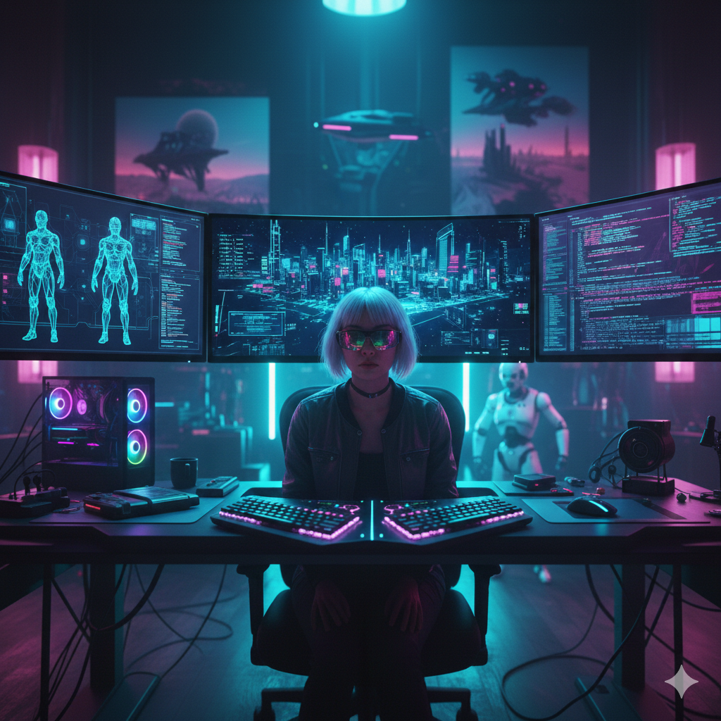 Ilustración de una estación de trabajo futurista con tres monitores que muestran interfaces de diseño ciberpunk y una ciudad digital.