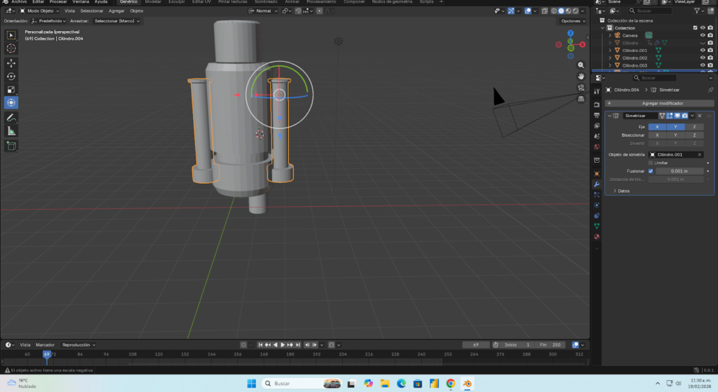 “Aplicación del modificador de simetría para duplicar el brazo en el eje correspondiente.”