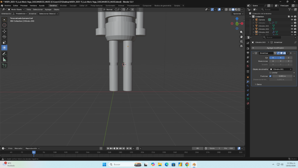 “Aplicación del modificador de simetría para duplicar la pierna en el modelo.”