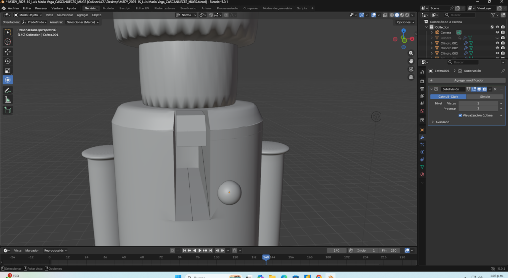 “Esferas añadidas y alineadas en el cuerpo para formar los botones del uniforme.”