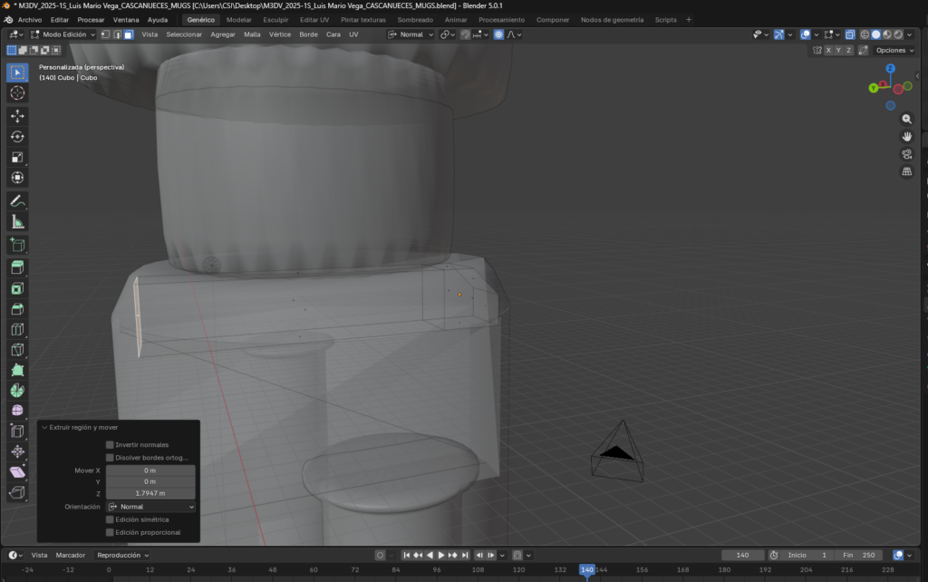 “Extrusión posterior del cubo para integrarlo correctamente al modelo.”