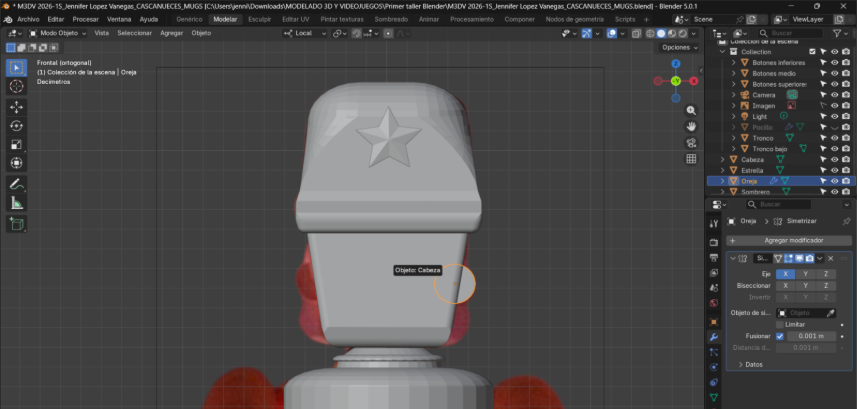 Selección del objeto cabeza como referencia para simetrizar la oreja