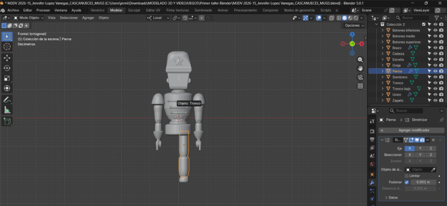 Selección del objeto Tronco como referencia para simetrizar la pierna