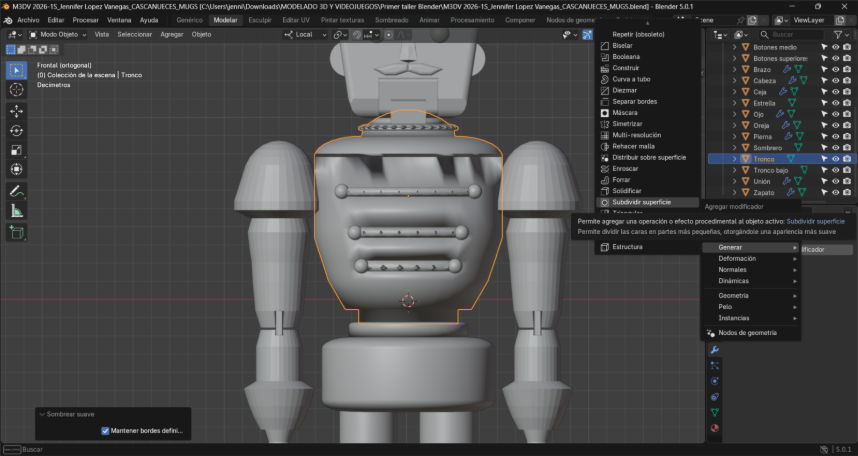 Correcciones añadiendo el Modificador de Subdividir superficie