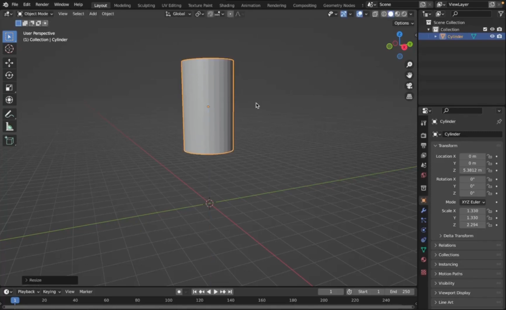 Figura 1. Creación del cilindro base para el torso y ajuste de altura.
