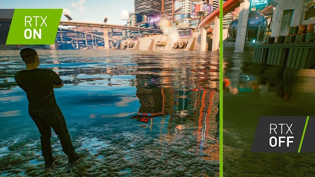 Ejemplo de Ray Tracing en tiempo real con reflejos e iluminación global en gráficos 3D.