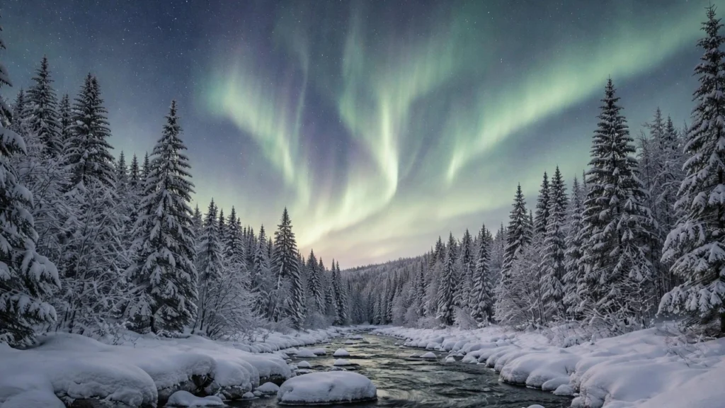 Paisaje Nevado junto una aurora creada con Artilist